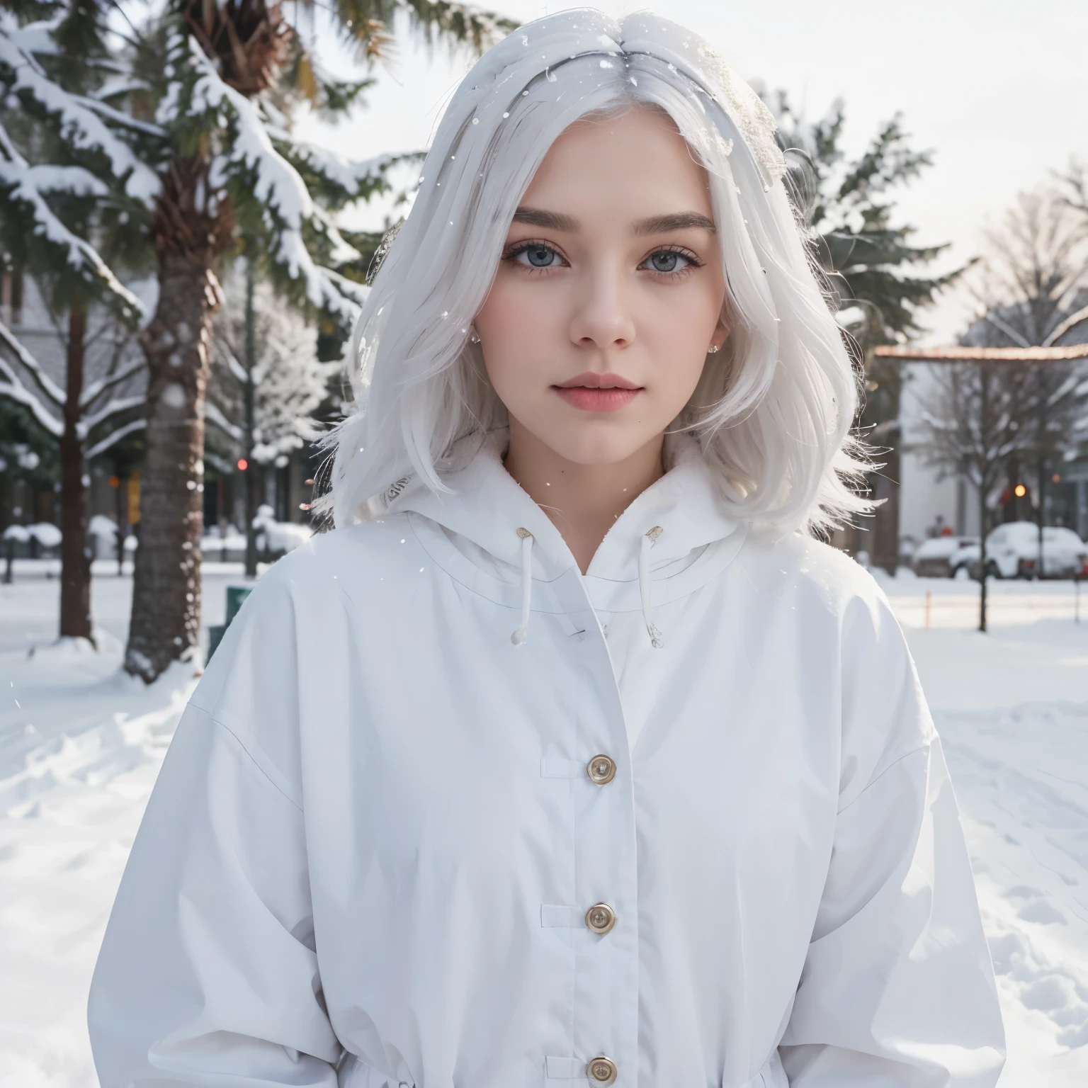 Create a Jesus with snow-white hair and bright white clothing.