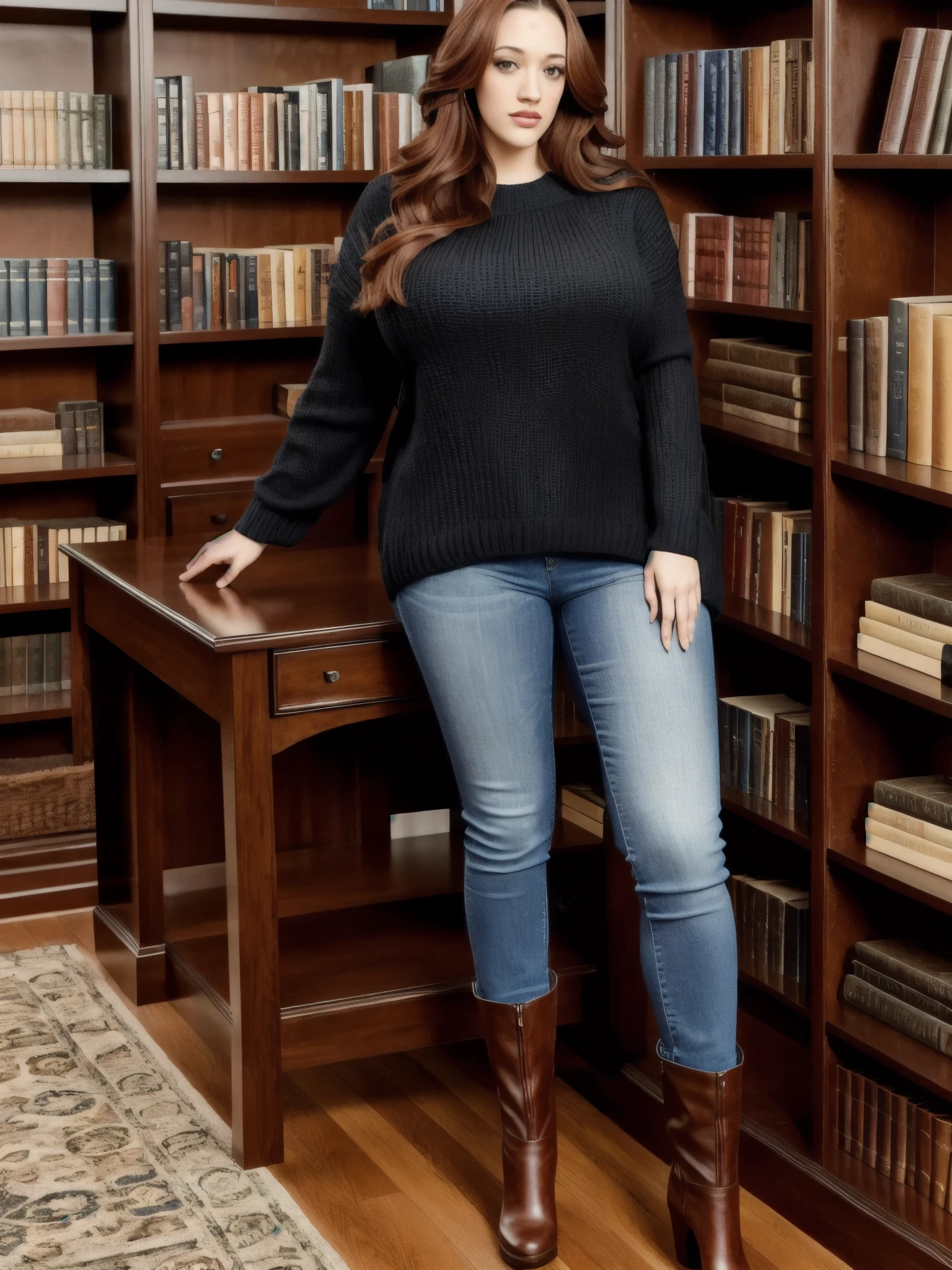 (overhead view:0.9), full body view, Kat Dennings, sfw, slim, araffe, soft lighting, young, (extremely tall body), (melancholy), (very long legs:1.4), walking, symmetric breasts, detailed symmetric eyes, librarian, polished wood floors, hanging frosted glass light globe, reading desk, bookshelves, auburn hair, long loose baggy jeans, tall thigh-high leather boots, long baggy knit sweater, bookshelves, library, long full hair, massive colossal breasts