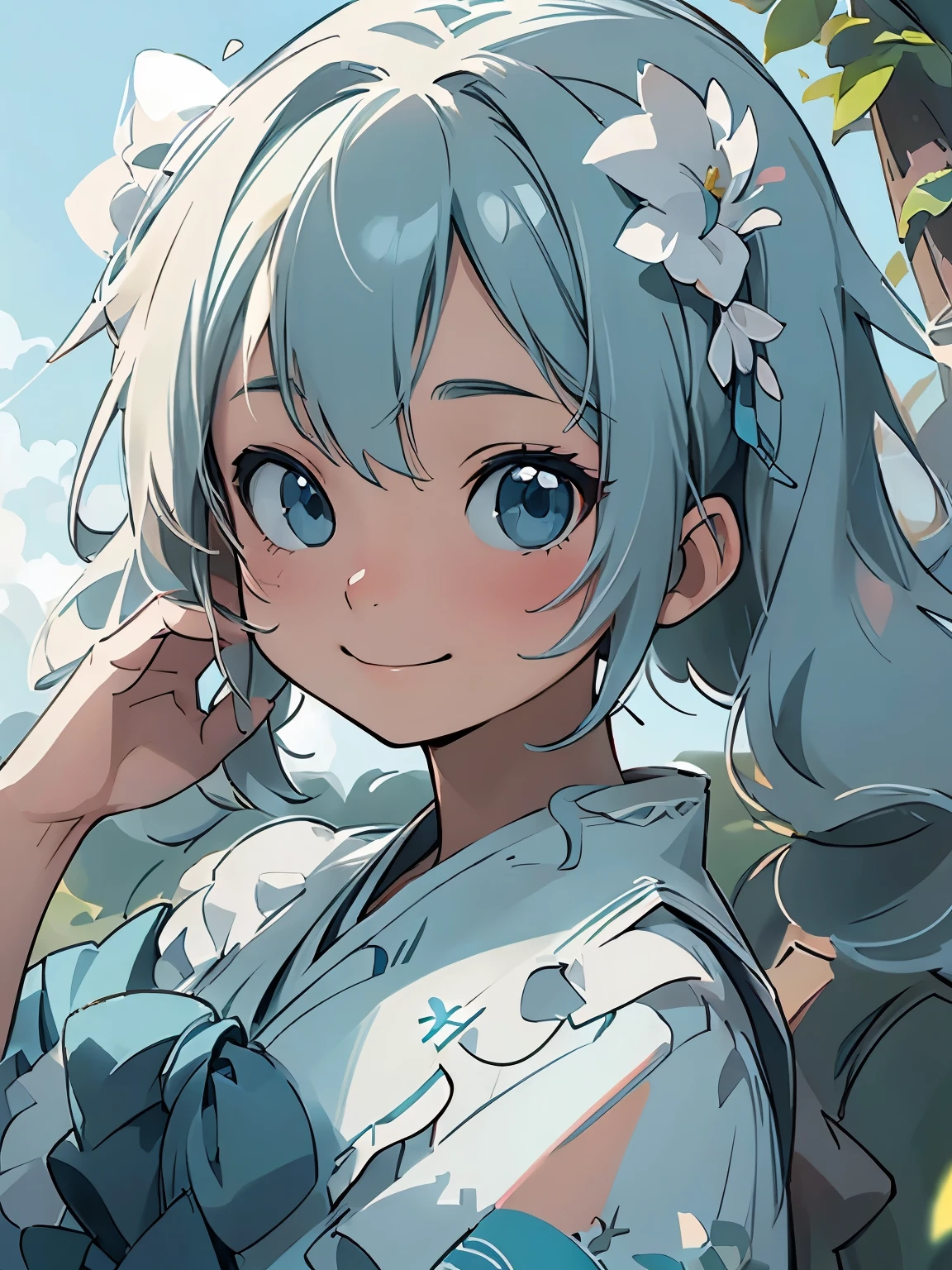 (masterpiece、highest quality、highest quality、Official Art、Beautiful and beautiful:1.2)、(One girl:1.3)Hatsune Miku、Twin tails,Big Breasts,Best image quality, 4K, masterpiece, ager, White and soft skin, Short blonde, Fluffy hair, blue eyes, green,Matured a bit, Lovely and soft, young, Reverent Eyes, Beautiful Hair, View Lens, Face Focus, smile, Delicate facial features, Front lighting, Front light source, Portraiture, Face enlargement, Face close-up, Above the shoulders, A nice feeling, A great pose to catch your eye, Portraiture効果, Blue sky and white clouds, rosette