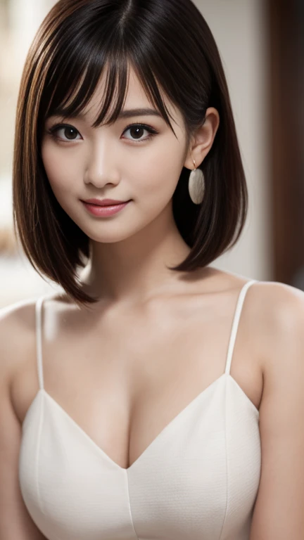 (masterpiece)、(highest quality:1.5)、(16k wallpaper:1.2)、(Photorealistic:1.2)、(Ultra-detailed:1.2)、(超A high resolution:1.2),(Surreal), (High resolution), (Very detailed), (Professional), (Realistic), (Post-processing), (Very detailed),(Sharp focus), Sharp focus:1.2,Photorealistic, Ultra-realistic, Backlight, Bright light, (Improvement of quality:1.4),
Healthy thighs、Narrow waist、Big Ass、(Beautiful legs)、((Perfectly detailed five-fingered hands)),(Anatomically correct body)、((1 female:1.4))、Realistic Skin、(Small chest:1.4),Pretty woman with perfect figure:1.4,(from the front:1.5), (Enhances the beauty of skin texture:1.1),
(Beautiful fine details), (Detailed face),Beautiful realistic face,No makeup、美しいBlack Hair、Super Beauty、The best smile、Natural color lip、Even bangs、((29-year-old woman))、Bob Hair、Hair blowing in the wind, (Black Hair, Iris, Watery eyes, Shining Eyes, Short bob cut hair, Small earrings, Lightly reddish), Hair behind the ear、No makeup、(Drooping eyes)、Drooping eye corners、
