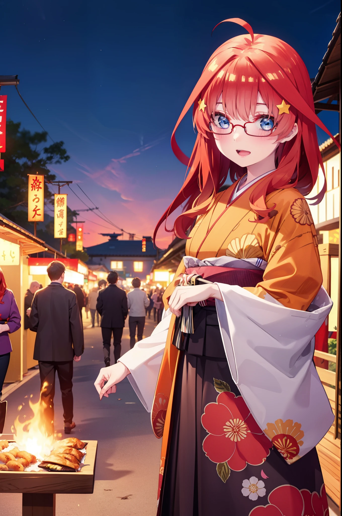 itsukinakano, Itsuki Nakano, bangs, blue eyes, Hair between the eyes, Ahoge, Redhead, star \(symbol\), hair ornaments, star hair ornaments,Akagi Glasses,smile,blush,Happy atmosphere,Open your mouth,Long Hair,Tie your hair back,red kimono,Thick sleeves,Sandals,White tabi,night空の花火,Fireworks display,Japanese Festivals,Summer festival food stalls,Red Lantern,night,イラストにwhole bodyが入るように, night
break outdoors, shrine, break looking at viewer,whole body,
break (masterpiece:1.2), highest quality, High resolution, unity 8k wallpaper, (shape:0.8), (Beautiful and beautiful eyes:1.6), Highly detailed face, Perfect lighting, Extremely detailed CG, (Perfect hands, Perfect Anatomy),