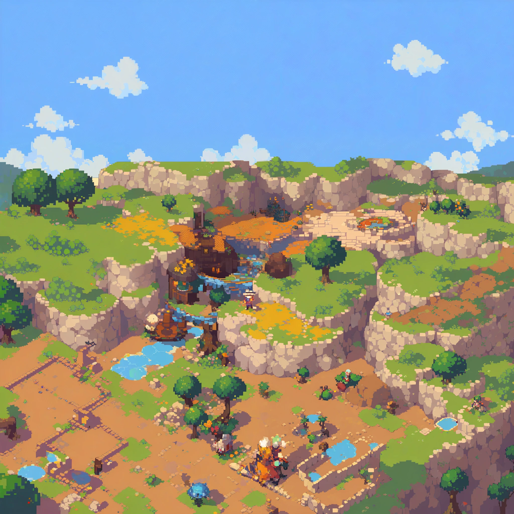 pixel art,top view big scene，pixelated,8-bit,retro game,vibrant colors,detailed sprites,retro style,pixel animation,low resolution, retro game, pixel art, rpg retro