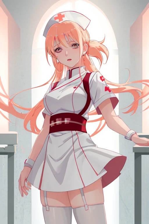 (High resolution:1.2),(best quality,ultra-detailed) Hinata from Naruto is depicted in a nurse costume, accessorized with white stockings and red high heels. The artwork follows an anime style and incorporates elements of cosplay. The lighting creates an aesthetic atmosphere, with soft colors that enhance the overall composition.