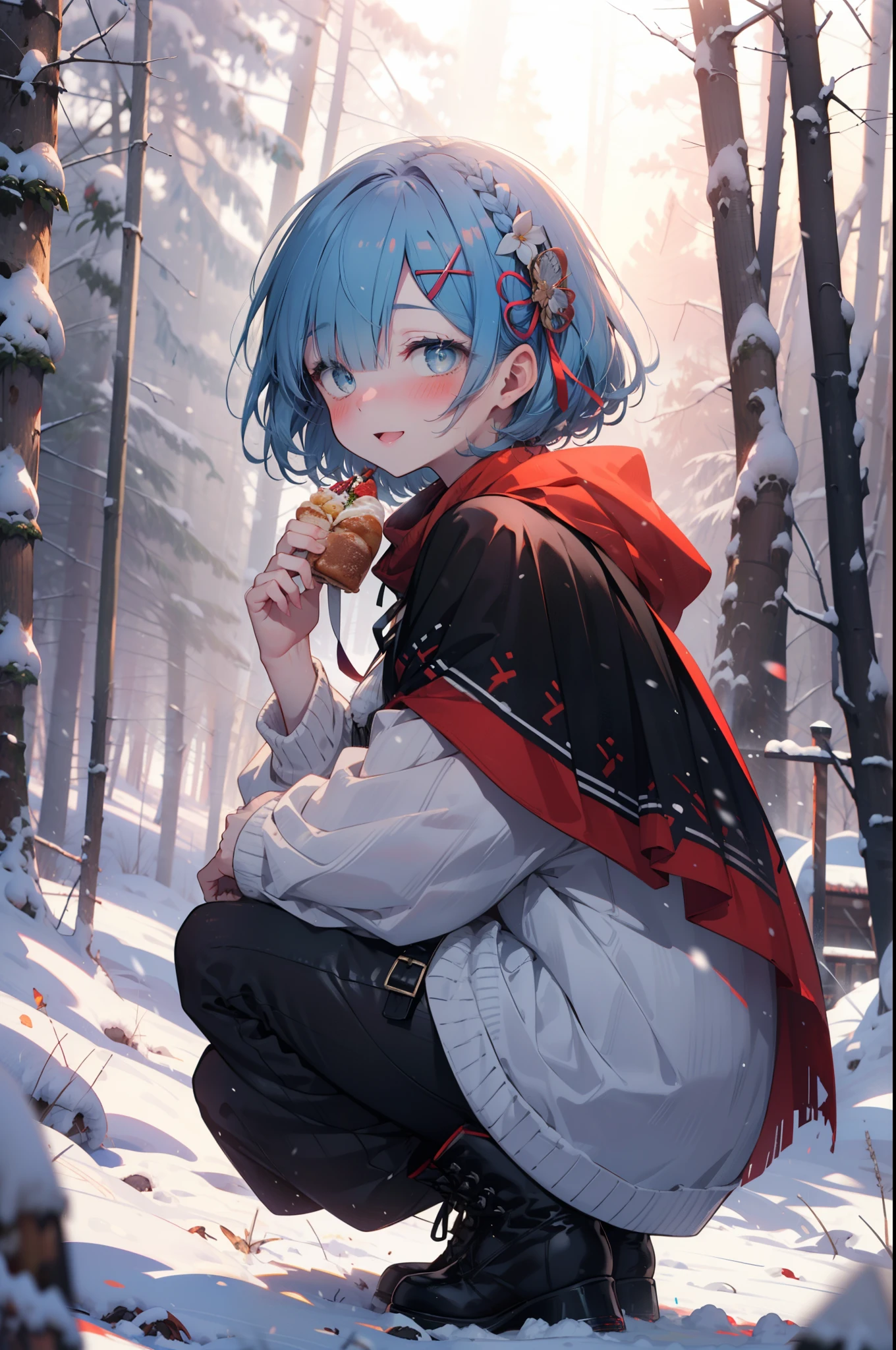 rezeroRem, Rem, blue eyes, Blue Hair, hair ornaments, Hair on one eye, hair ribbon, short hair, x hair ornaments,smile,blush,White Breath,
Open your mouth,snow,Ground bonfire, Outdoor, boots, snowing, From the side, wood, suitcase, Cape, Blurred, having meal, forest, White handbag, nature, Squat, Mouth closed, Cape, winter, Written boundary depth, Black shoes, red Cape break looking at viewer, Upper Body, whole body, break Outdoor, forest, nature, break (masterpiece:1.2), highest quality, High resolution, unity 8k wallpaper, (shape:0.8), (Beautiful and beautiful eyes:1.6), Highly detailed face, Perfect lighting, Highly detailed CG, (Perfect hands, Perfect Anatomy),