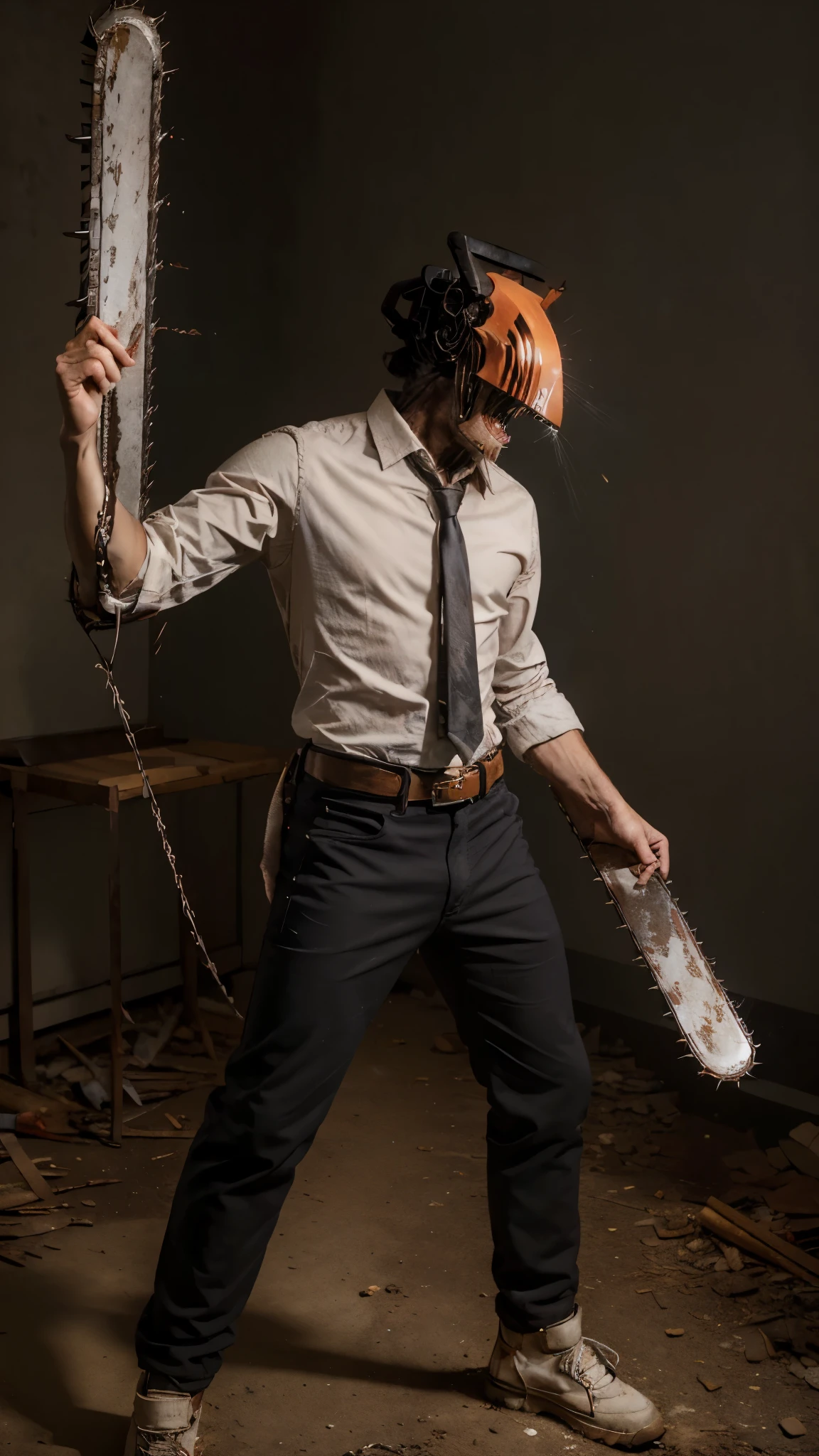 masterpiece, best quality, cowboy shot, solo, male focus, 1boy, head (chainsaw man), sharp teeth, tongue, white collared shirt, black necktie, sleeves rolled up, black pants, belt, (left hands chainsaw man), (right hands chainsaw man).