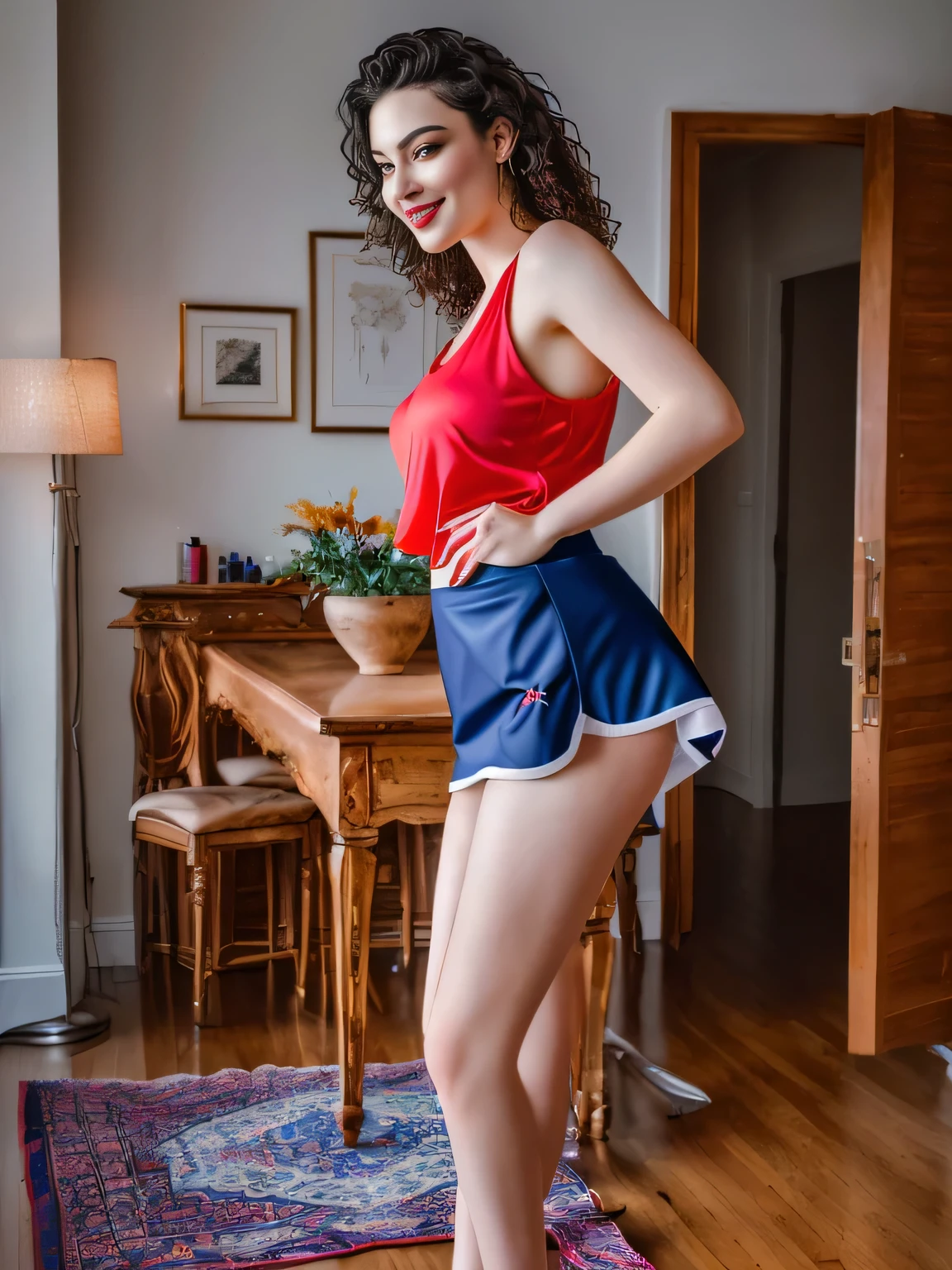 there is a woman standing in a room with a table and chairs, side pose, red tank top and dark blue shorts, in shorts, side photo, tight photo, wearing gym equipment, side portrait, clothing photo, wearing tank top and skirt, with shiny skirt, tank top and sports shorts, dressed in tank top and shorts, high waist. A woman with white skin and dark hair, large and charming, seems to contain a world of wonders and her face is the definition of beauty, highly realistic, reddish skin, beautiful, slightly full lips, red lipstick, smiling, a feeling of lightness and joy , hyperrealism, very elaborate skin, full body photo, sharp photo, high quality, high resolution, masterpiece, high quality, high resolution (ultra quality masterpiece), Ultra HD, high contrast, masterpiece, high contrast, (photographically realistic) HD, high contrast, 16K Masterpiece: 1.3, high resolution, (photographically realistic), NUDE, NUDITY, NFSW.