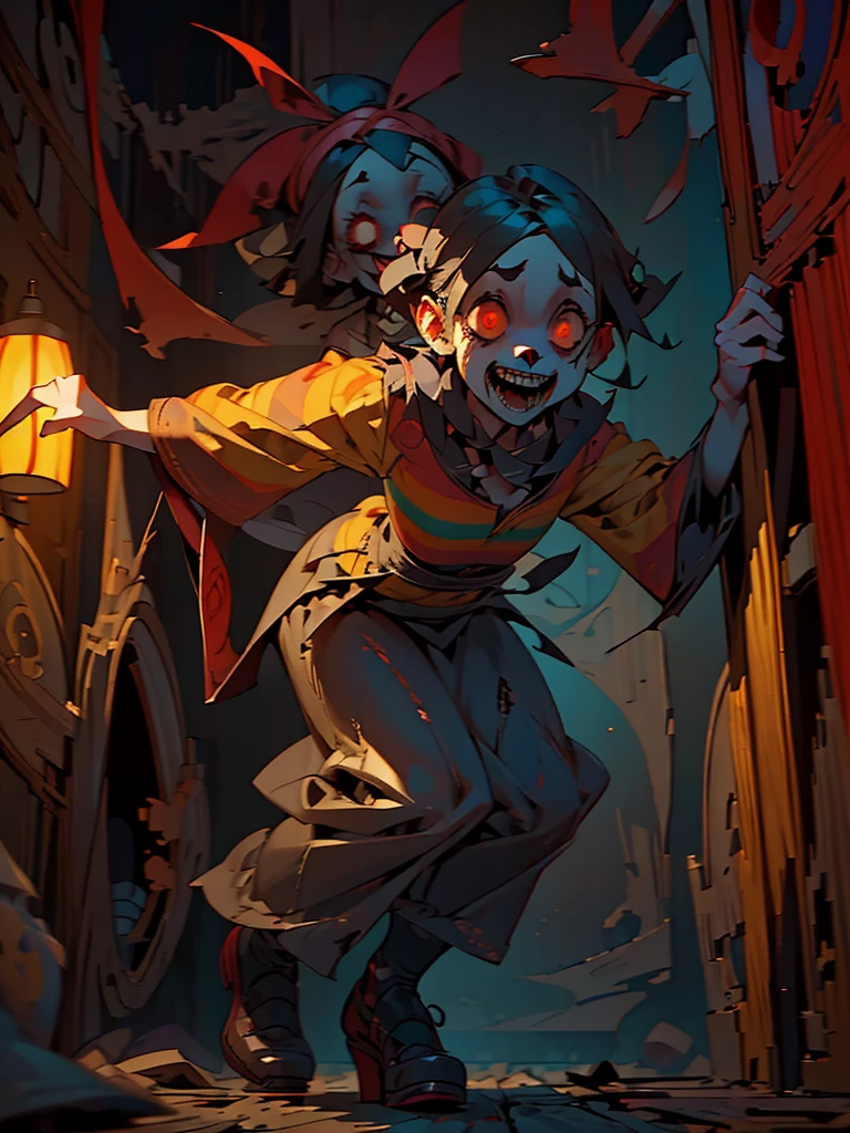 (Brutal horror:1.1、Dark and spooky atmosphere)、A spine-chilling scream、Dimly lit room、Abandoned and dilapidated building、Gruesome and spooky details、An atmosphere full of suspense and tension、Psychological horror、Cute Smile、Mysterious and unsettling atmosphere、A terrifying moment、Unforgettable、Cute ass、Nightmare scenario、The twisted madness of a murderer、Smiling clown、bright red nose、Open costume、Dramatic lighting effects、Striped shirt、Big shoes、Enthusiastic atmosphere、Mischievous Smile、Expressive gestures、Comical movement、Circus Tent、Festive mood、Exciting performance