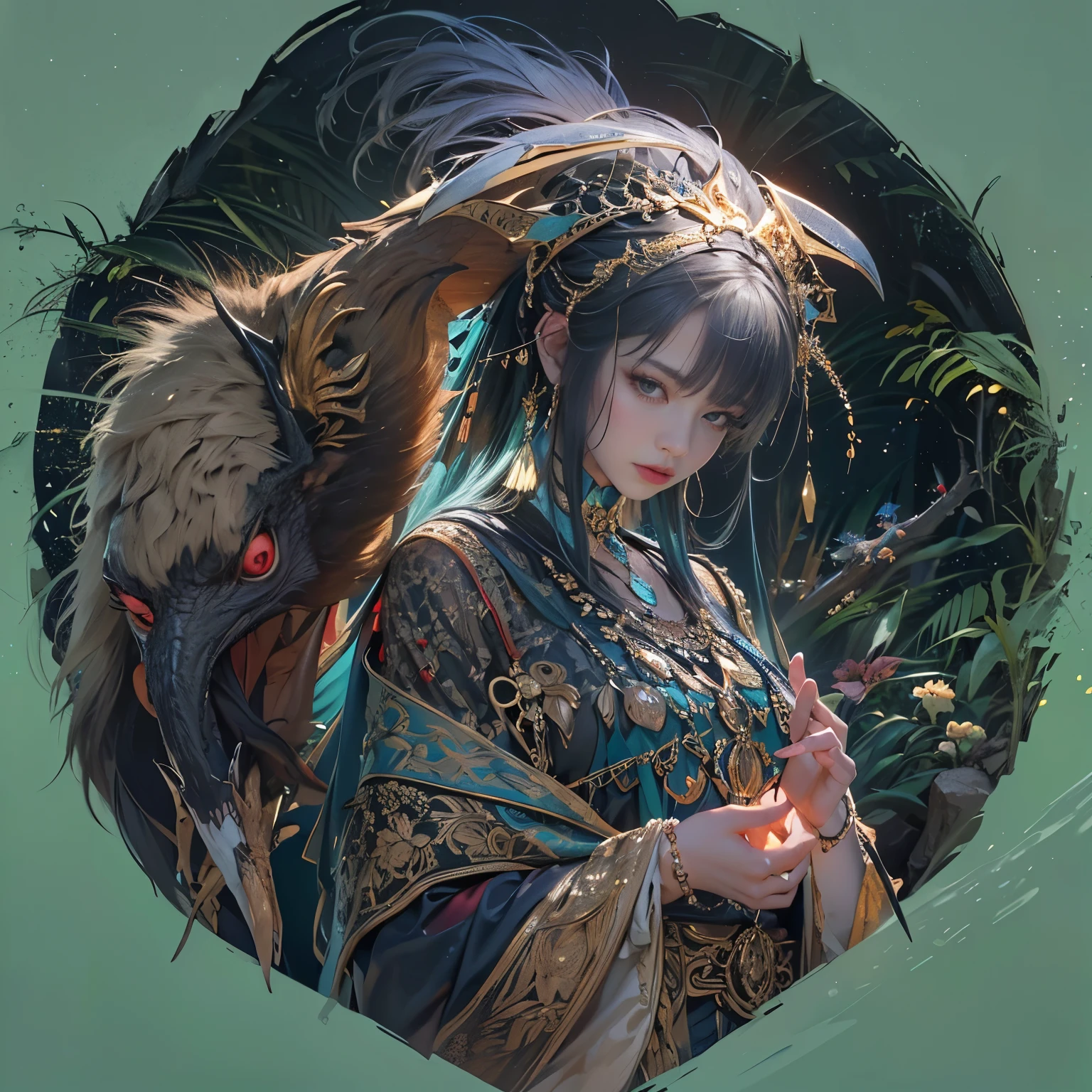 (highest quality、4k、8k、High resolution、masterpiece: 1.2)、Super detailed、(Real、Photorealistic、Photorealistic: 1.37)、Full Body Portrait、media: Fantasy、Horror、ダーク Fantasy、Creatures、ハイブリッド Creatures、(Anatomically correct fingers: 1.4 )、(A very beautiful young woman&#39;s head)and((A hybrid creature with the body of a gamecock: 1.5))、Visualization of mythical creatures、yukata、in night garden、Dark atmosphere、Dim color、Spooky lighting、looking at the camera