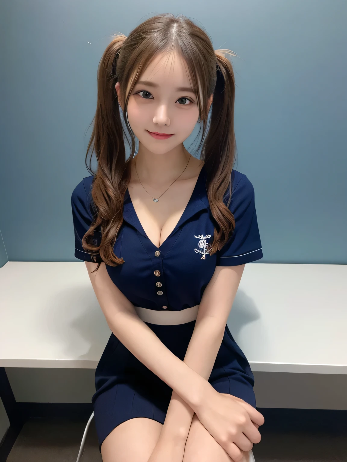 In detail,Full body photo、 One high school girl、Small cleavage、High resolution, high quality、Slim body、Blonde、Perfect dynamic composition, Beautiful fine details, Blonde、Twin tails、Natural color lip,Kamimei、16-year-old girl、Clear Skin、Short-sleeved sailor suit、Red mini skirt、Thighs、Shiny Hair、最high quality, figure, Very detailed, In detail, High resolution, 8k、The correct state of the human body、Sculpture model pose，Dark blue walls,Sitting in a chair、Thighs are visible、smile、
