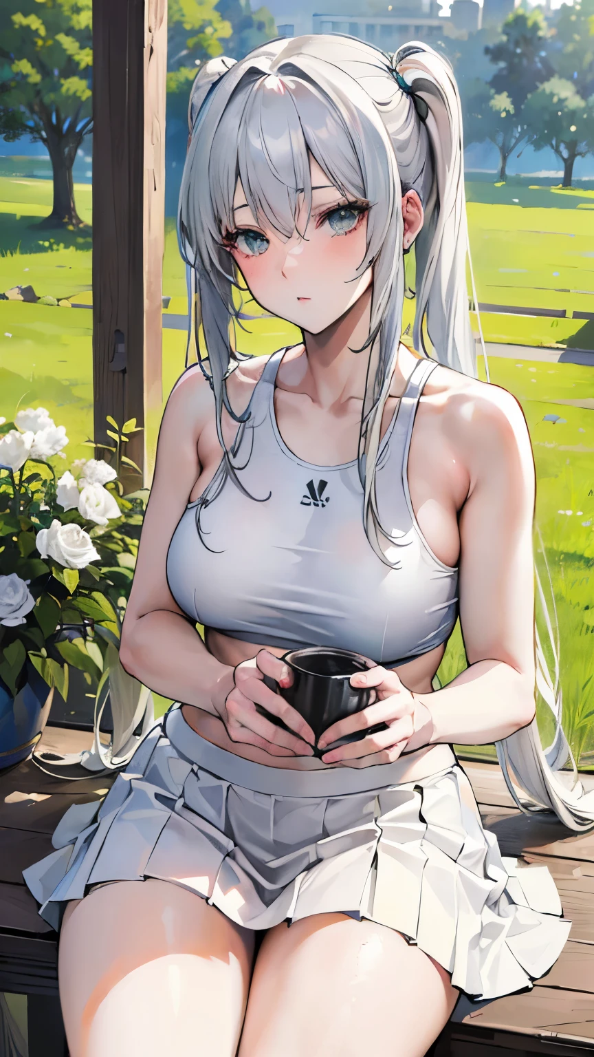 (best quality,4k,8k,highres,masterpiece:1.2),ultra-detailed,(realistic,photorealistic,photo-realistic:1.37),sexy white haired girl,long hair, twintail,gray eyes,platted skirt, tank top,portraits,soft lighting,vibrant colors,beautiful garden,green grass,blooming flowers,sunlight filtering through the trees,carefree expression,peaceful atmosphere anime girl.