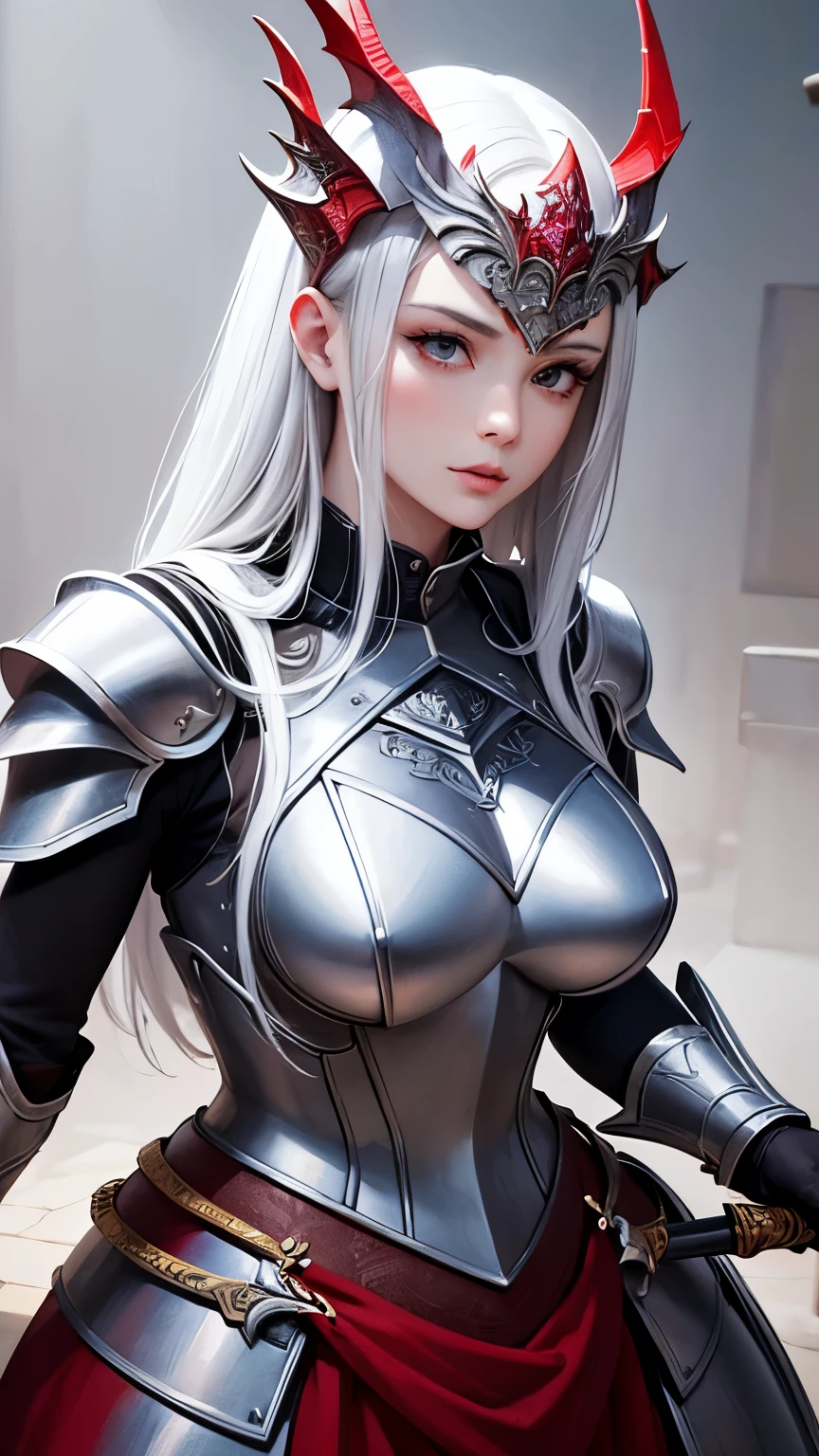 (highest quality,masterpiece),Close up portrait of woman in silver and red dress posing,huge ,Beautiful expression,Well-proportioned face,Detailed fantasy art、Close your mouth,Fan Art Best Art Station、Magnificent and elaborate character art、Dragon helmet,Beautiful Armor、Intricately detailed armor,Highly detailed work of art、Detailed digital anime art、Girl in Armor,Valkyrie,Painted on the waist,whole body,Realistic hand holding a sword,