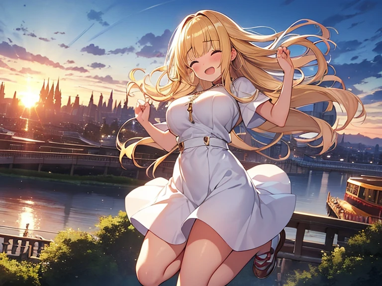 Masterpiece, Top quality, 1 beautiful girl, Blonde, medium Hair, wavy Hair, blunt bangs, silky hair, 16 year old, standard weight, (big breasts :1.1), (cool clothes:1.3), (happy :1.4), blush, closed eyes, open mouth, beautiful scene of theme park, blurry background, magnificent panorama view, sunset, (jumping:1.4), from below