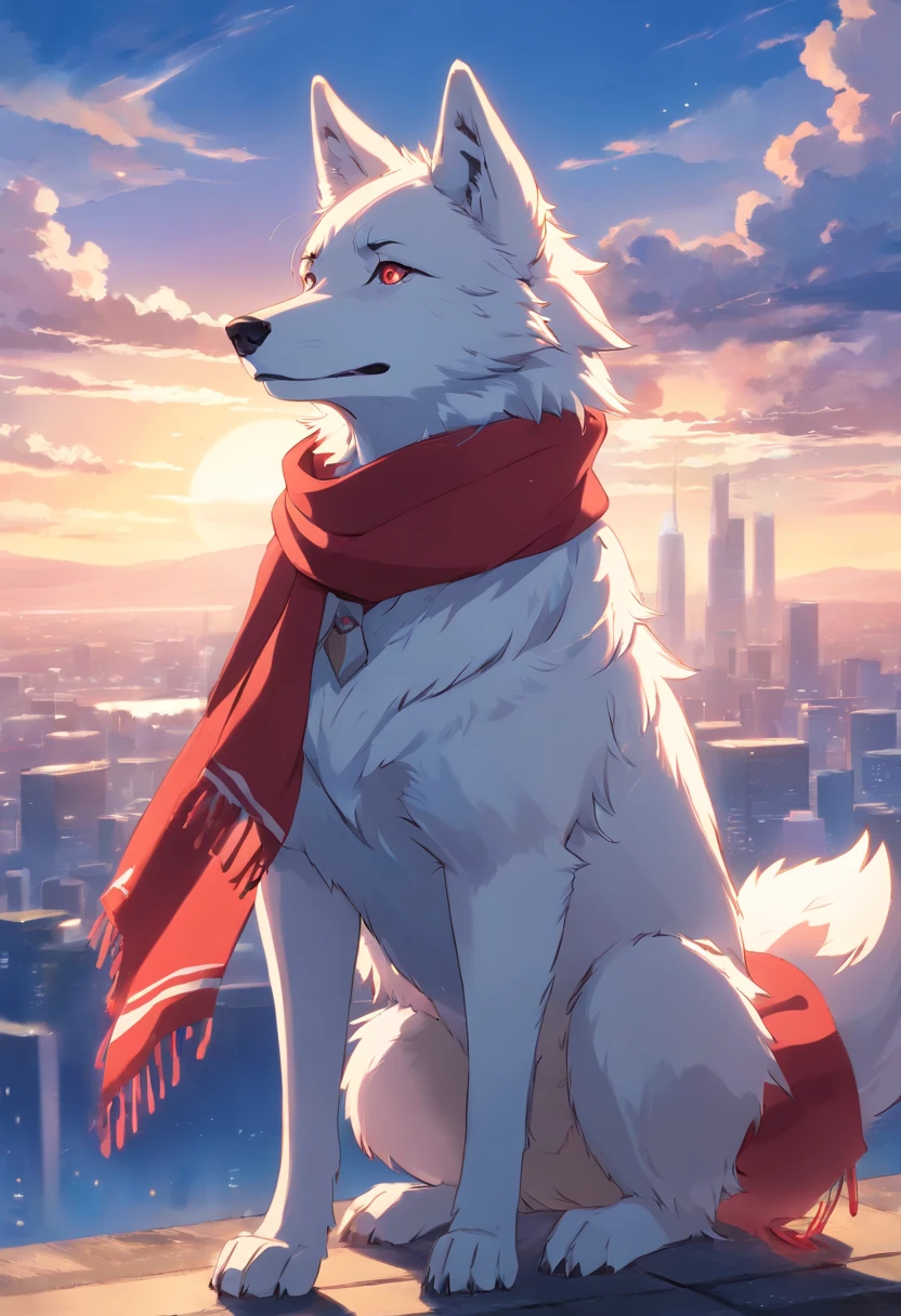 furry, humanoid wolf, white wolf, red scarf, grey eyes, looking at the sky, full quality