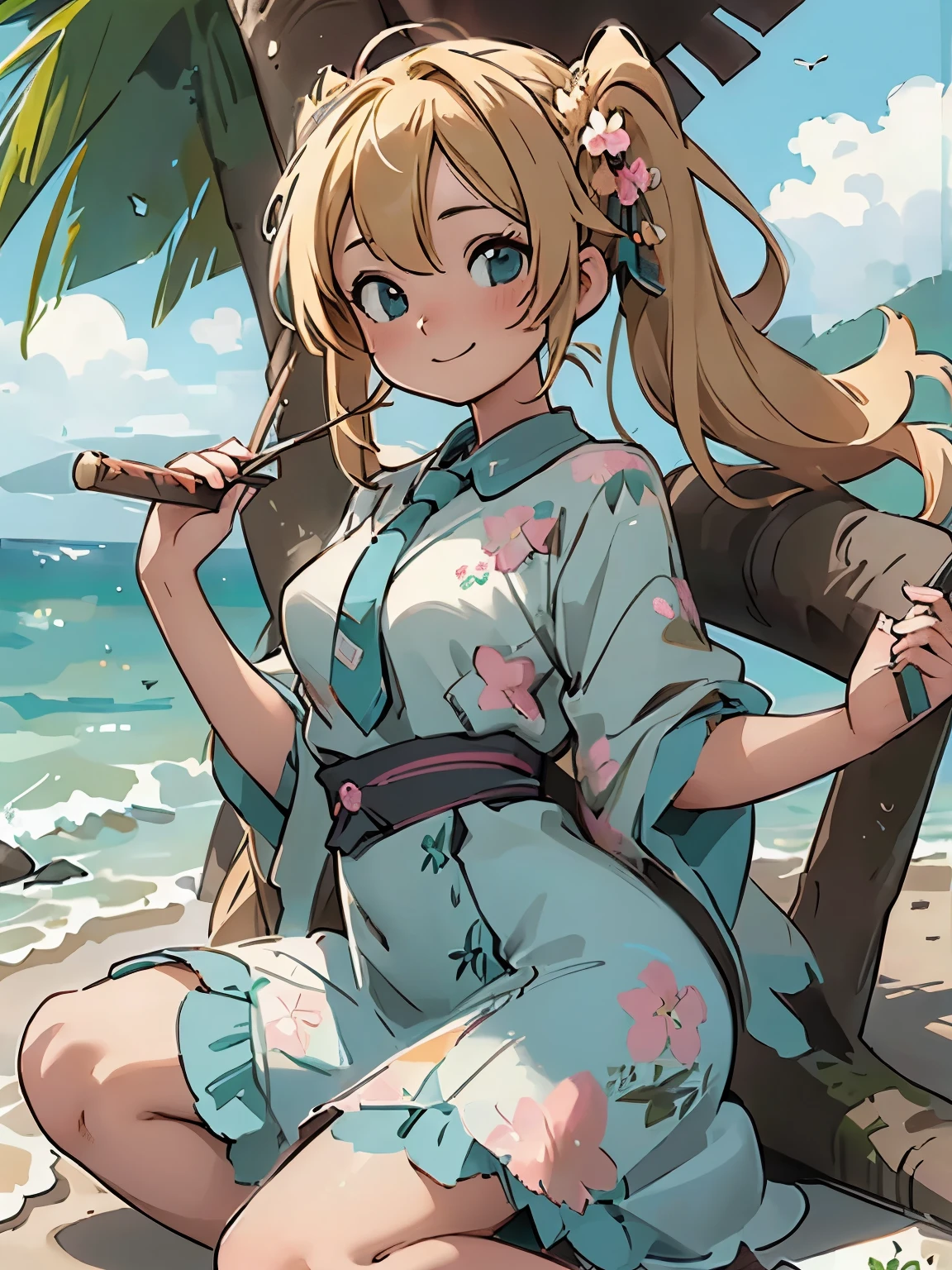 (masterpiece、highest quality、highest quality、Official Art、Beautiful and beautiful:1.2)、(One girl:1.3)Hatsune Miku、Twin tails,Big Breasts,masterpiece, highest quality, Very detailed, water colored pencils, whole body, Gradation, Absurd, High resolution, Super detailed, (One girl:1.3),
ta girl in a floral princess long blonde dress, Blonde hair braided, Cute smiling happy face, cap, Cute ribbon, tie, photograph, Beach Summer