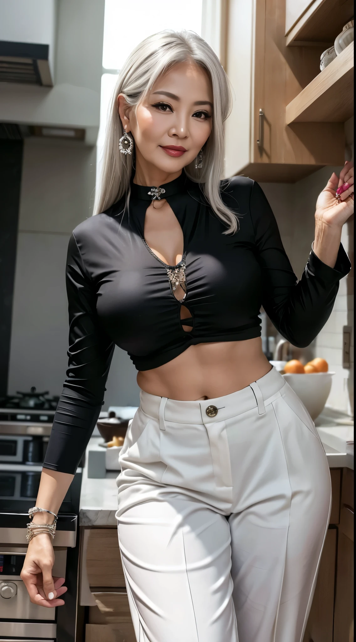 White Low-Rise Pants 75 years old Mom MILF Chinese Lady large earring Big choker navel piercing decoration A bracelet Silver Hair realisitic Gorgeous Madame Beautiful Mature Woman sexy Smile Gentle woman navel piercing 4K High quality kitchen White shirt White blouse girdle