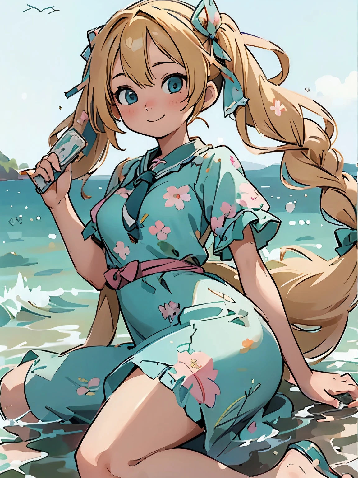 (masterpiece、highest quality、highest quality、Official Art、Beautiful and beautiful:1.2)、(One girl:1.3)Hatsune Miku、Twin tails,Big Breasts,masterpiece, highest quality, Very detailed, water colored pencils, whole body, Gradation, Absurd, High resolution, Super detailed, (One girl:1.3),
Lolita girl in a floral princess long blonde dress, Blonde hair braided, Cute smiling happy face, cap, Cute ribbon, tie, photograph, Beach Summer
