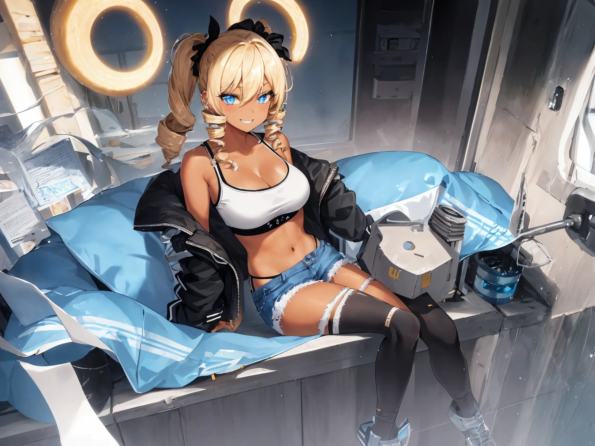 1 girl, Light blonde , thick bluish eyeshadow, thin eyebrows, thick black eyeliner, Highlighted eyes with eyeliner, false eyelashes,,(tanned skin:1.2),Scrunchie,(large breasts:0.5),,gyaru,smile,twin drill,Denim shorts,camisole,Urban area,Black jacket