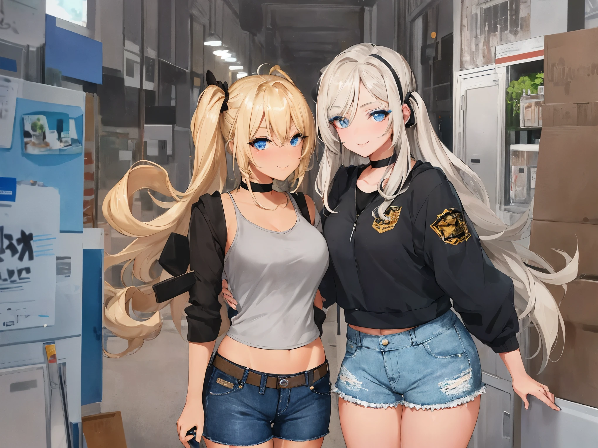 1 girl, Light blonde , thick bluish eyeshadow, thin eyebrows, thick black eyeliner, Highlighted eyes with eyeliner, false eyelashes,,(tanned skin:1.2),Scrunchie,(large breasts:0.5),,gyaru,smile,twin drill,Denim shorts,camisole,Urban area,Black jacket