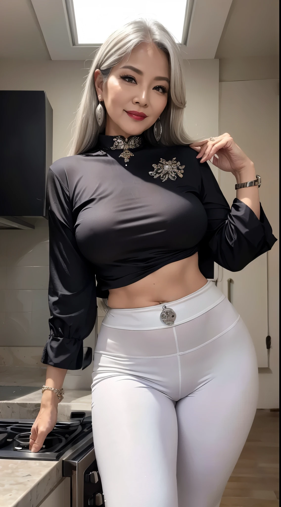 White Low-Rise Pants 75 years old Mom MILF Chinese Lady large earring Big choker navel piercing decoration A bracelet Silver Hair realisitic Gorgeous Madame Beautiful Mature Woman sexy Smile Gentle woman navel piercing 4K High quality kitchen leggings spats