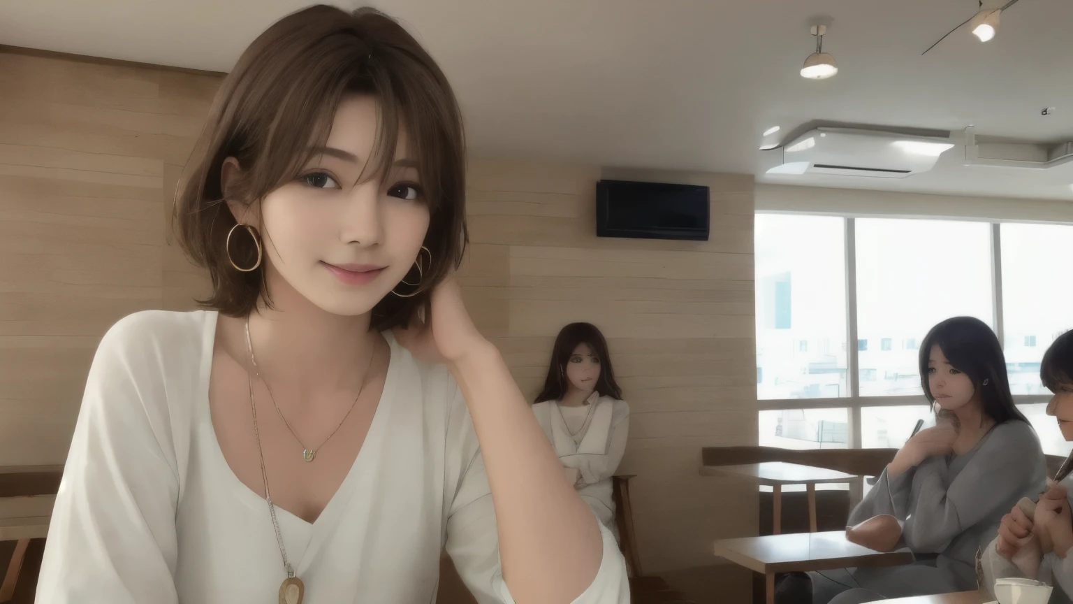 super high quality, Short Hair, Slender, Gravure photoshoot, The staff is working at the counter in the back., (8k、RAW Photos、highest quality、masterpiece:1.2), Japanese Idol, Shaggy, Sportswear, Stylish café, The cafe is crowded with people enjoying themselves., (Realistic、Photorealistic:1.37), Mesh Hair, Urban Cafe, Golden Ratio, Raw photo, Cute face , Light Brown Hair, Earrings, Small breasts, Bright cafe interior, Spring Clothes, necklace, Spoiled, Smile, Hair blowing in the wind, Neat clothes, 18-year-old, younger sister, 
