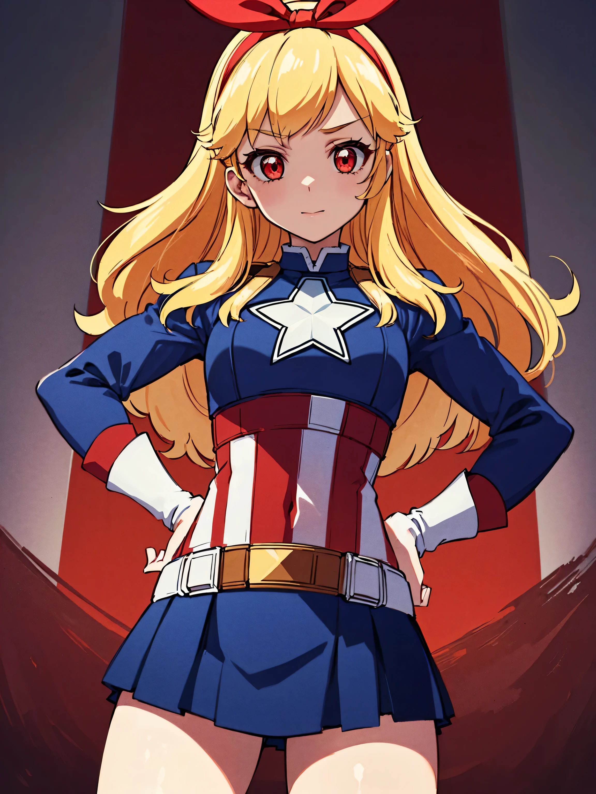 Blonde HAIR,(nsfw:0.7),(RED Ribbon on HAIRband:1.2),(Masterpiece, Superb Quality, Super Detailed, High Resolution), Female Focus, , (Captain America Suit), (Hands on Hips), (((Solo))), School, Background Detail, 