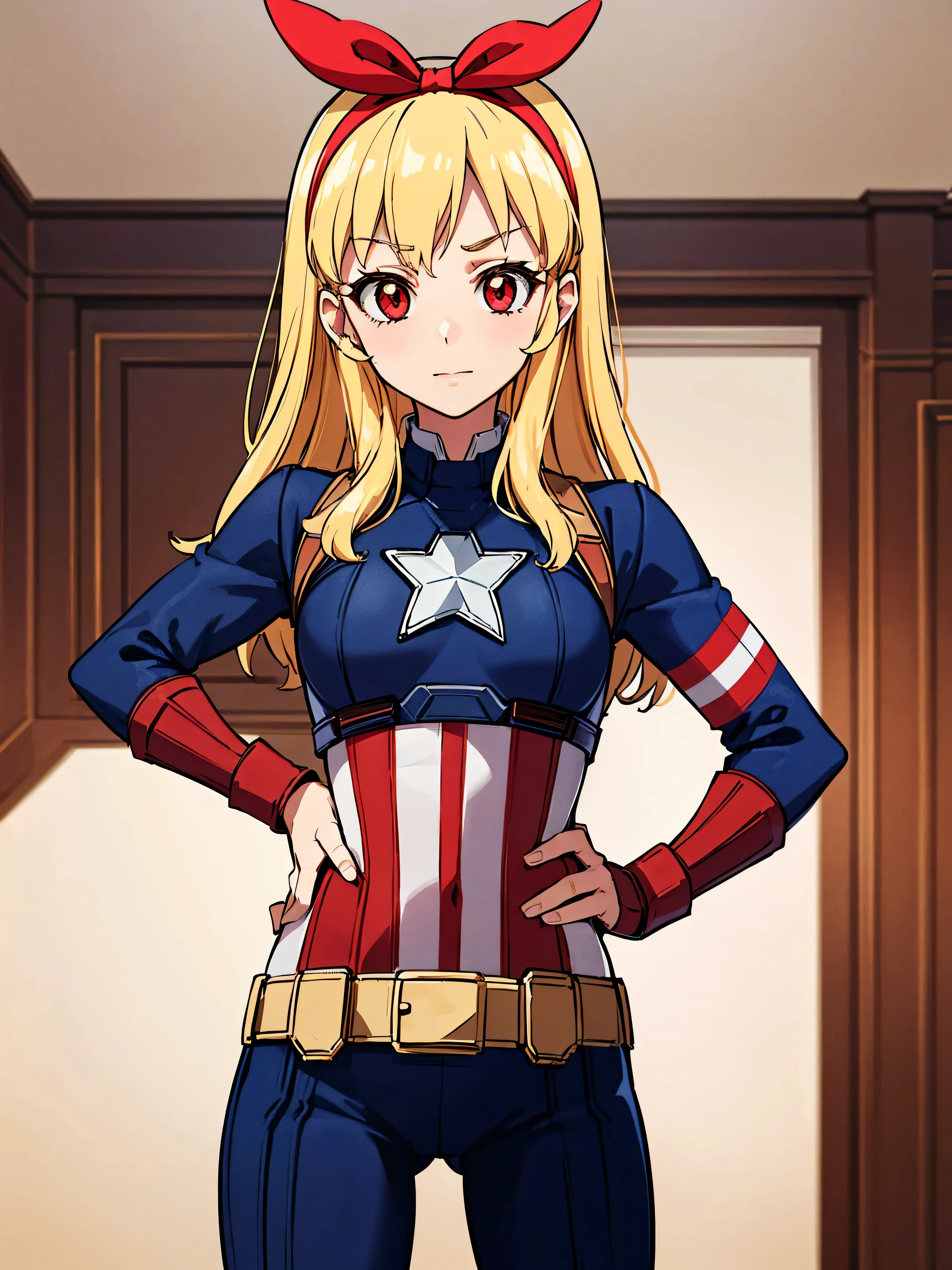 Blonde HAIR,(nsfw:0.7),(RED Ribbon on HAIRband:1.2),(Masterpiece, Superb Quality, Super Detailed, High Resolution), Female Focus, , (Captain America Suit), (Hands on Hips), (((Solo))), School, Background Detail,