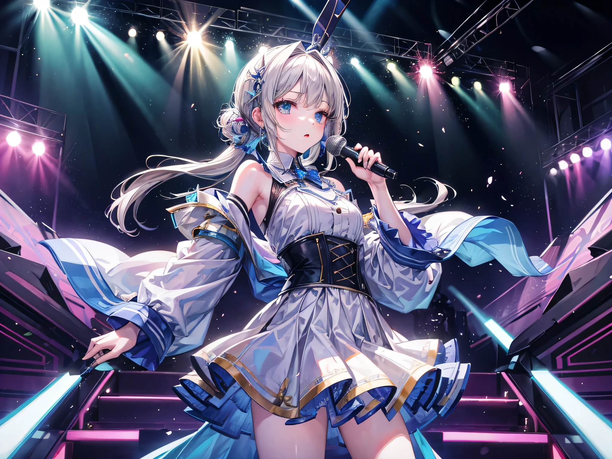 Masterpiece，HighestQuali，one-girl，Stand on stage and sing，Delicate facial features，Concert scene，light stick，Auxiliary lights，camera