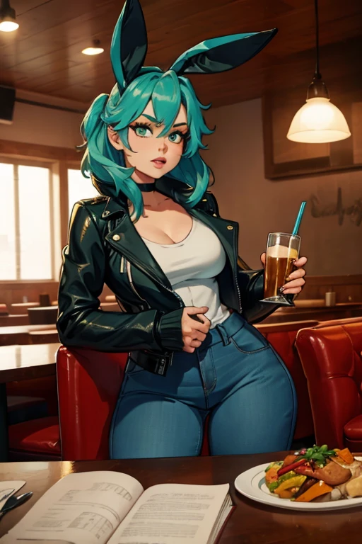 A light teal haired woman with one red eye and one green eye with an hourglass figure with light teal bunny ears wearing a leather jacket and jeans is drinking at a restaurant