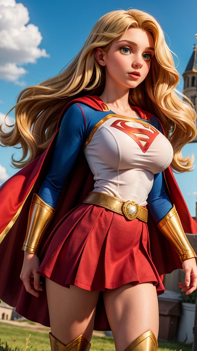 8k, Ultra HD, super details, high quality, high resolution. The heroine Supergirl looks beautiful in a full-length photo, her body is sculptural, her long wavy blonde hair is radiant in a perfect combination with her white skin, her bright blonde eyes mesmerize everyone. She is wearing her heroine outfit, a red skirt with a yellow belt, a very tight blue t-shirt with a big red S on the chest, Elta also wears a red cape and red boots. she looks very sexy drawing attention to her big breasts and thick legs as she flies through the sky.