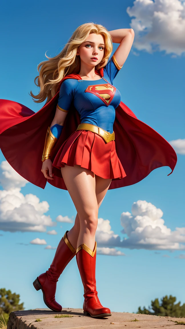 (Muscular:2), (thick thighs:1.9),
(blonde female, supergirl:1.2), (big smile:1.5), (blunt bangs:1.3), (ponytail:1.2),
earrings, lipstick, eyeshadow,
hard nipples,
(small cape:1.3), (skirt:1.5),
(looking at viewer:1.4), (three quarter view), (upper body view:2),
(floating, in midair, sky and clouds background:1.4), rim lighting, two tone lighting, dim lighting, bokeh, detailed skin, detailed eyes