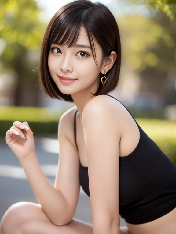 （masterpiece）、(highest quality:1.5)、(16k wallpaper:1.2)、(Photorealistic:1.2)、(Ultra-detailed:1.2)、(超A high resolution:1.2),(Surreal),  (High resolution), (Very detailed), (Professional), (Realistic), (Post-processing),  (Very detailed),(Sharp focus), Sharp focus:1.2,Photorealistic, Ultra-realistic, Backlight, Bright light, (Improvement of quality:1.4),

Healthy thighs、Narrow waist、Big Ass、（Beautiful legs）、((Perfectly detailed five-fingered hands)),（Anatomically correct body）、((1 female:1.4))、Realistic Skin、（Small chest：1.4）,Pretty woman with perfect figure:1.4,(from the front:1.5), (Enhances the beauty of skin texture:1.1),

 (Beautiful fine details), (Detailed face),Beautiful realistic face,No makeup、美しいBlack Hair、Super Beauty、The best smile、Natural color lip、Even bangs、((29-year-old woman))、Bob Hair、Hair blowing in the wind, (Black Hair, Iris, Watery eyes, Shining Eyes, Short bob cut hair, Small earrings, Lightly reddish), Hair behind the ear、No makeup、(Drooping eyes)、Drooping eye corners、