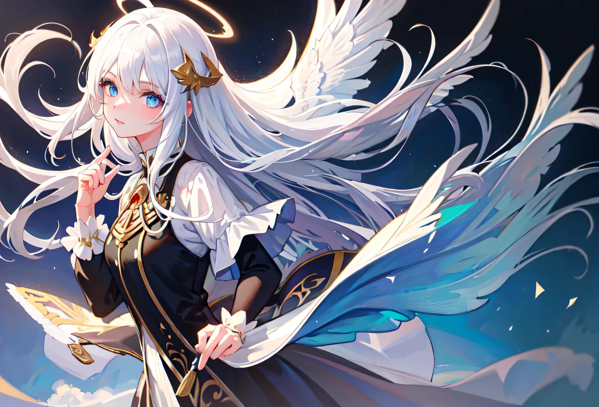 1girl, solo, wallpaper, best quality, mastery, oil painting\(medium\), heaven, long hair, white hair, angel, wings, floating island, detail background, (detailed eye description), (detailed face description), colorful, hair ornament, halo, veil, white hair, blue eyes