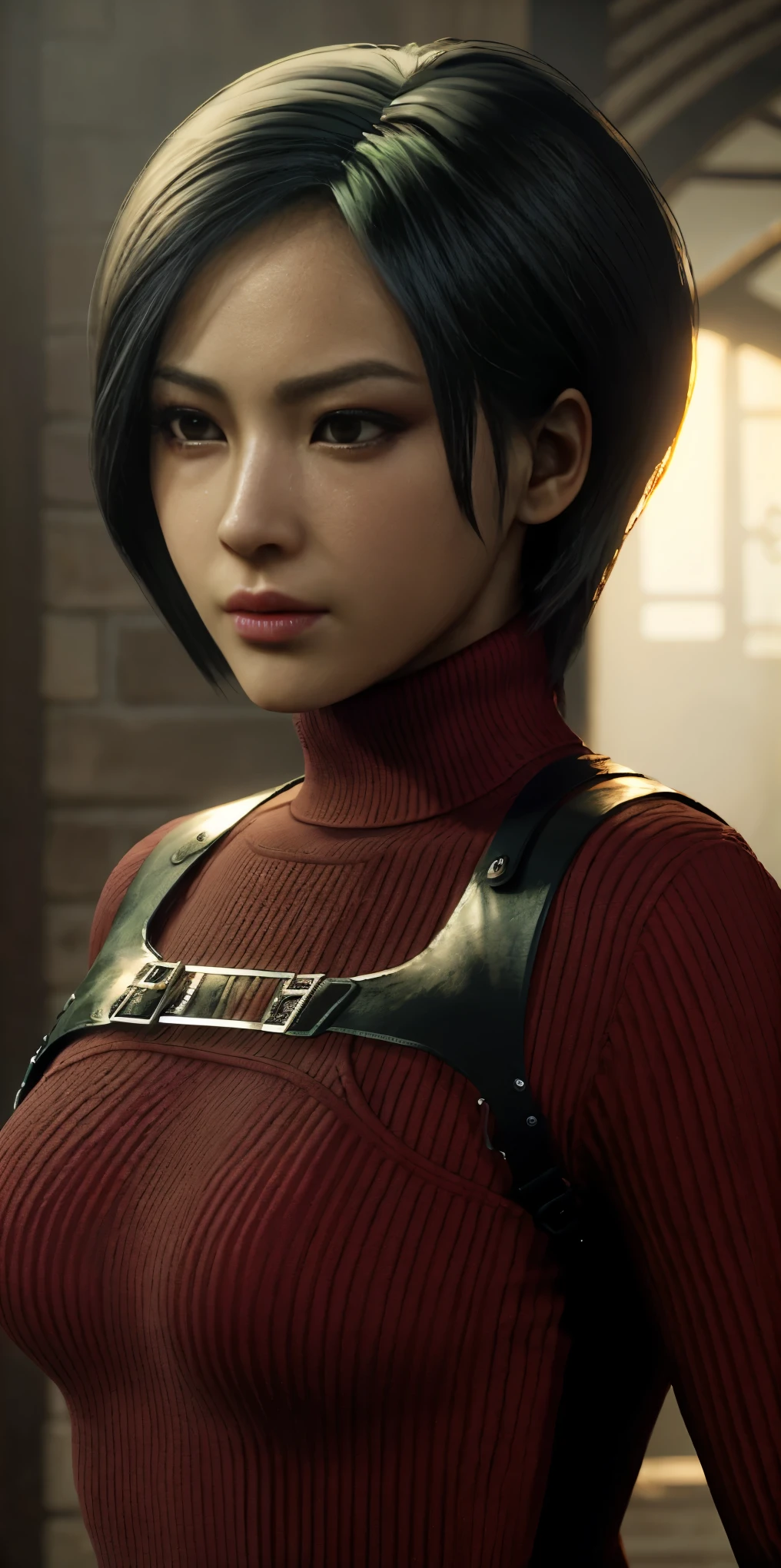 best quality,ultra-detailed,realistic:1.37,Ada Wong,perfectly symmetrical face,ultra-realistic texture,flawless body,detailed facial features,realistic lighting,serious expression