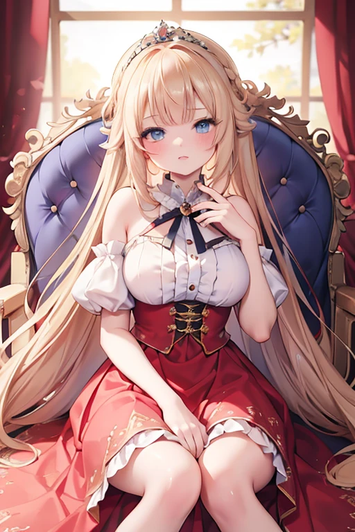 masterpiece, highest quality, High resolution, ****************、blue eyes、
blonde,  Bad mood、Long Hair、Crimson Dress, Clothes with puffy shoulders、Long skirt、Tiara on head、royal palace、Sitting on the throne