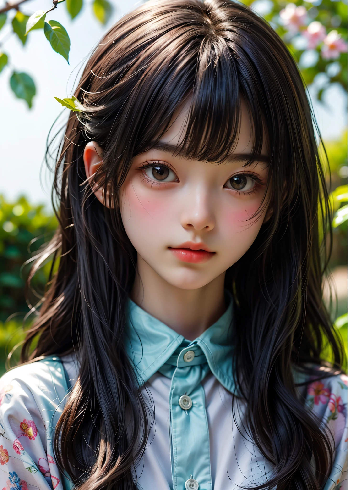 Cute Women Photos、Adult 1 woman、Young face、Front facing body and face、casual shirt、Portrait Photography、Slim body、Long hair with bangs、The background is filled with green kudzu leaves and beautiful flowers.、、Sharp images、High color reproducibility、Attention to detail、live-action、Alluring、Pop and catchy、Colorful and fun atmosphere