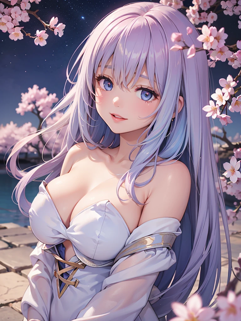 Face close-up、light blue Hair、long hair、girl１、smile、cherry blossoms、Light blue eyes、Open your mouth、Pink Lips、Large Breasts、Cleavage、night、Starry Sky、Hide your arms behind your body、Glowing Hair、moonlight、(looking down:1.2)、inwardly curled hair