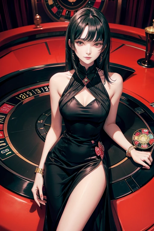 1lady, solo,black hair,black dress,dealer,in casino,roulette