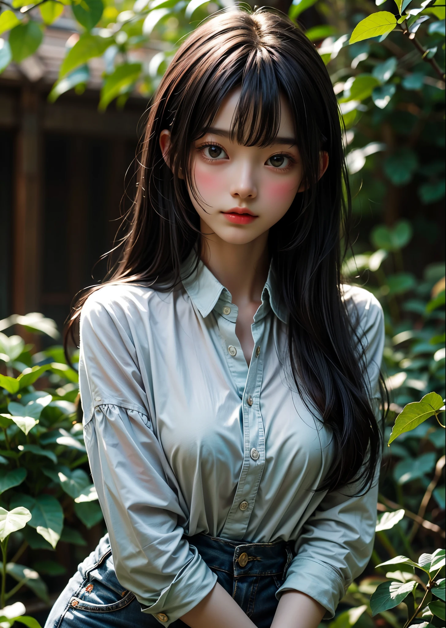 Cute Women Photos、Adult 1 woman、Young face、Front facing body and face、casual shirt、Portrait Photography、Slim body、Long hair with bangs、The background is filled with green kudzu leaves and beautiful flowers.、、Sharp images、High color reproducibility、Attention to detail、live-action、Alluring、Pop and catchy、Colorful and fun atmosphere