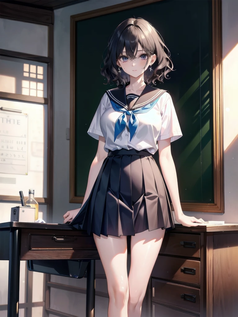 absurdres, RAW photo, extremely delicate and beautiful, masterpiece, Best Quality, ultra high resolution, 32k, hyperrealistic, ultra-detailed, perfect anatomy, anatomically correct, perfect figure, super Detailed skin, 20 years old, very Slim body, narrow waist, very small head, very small face, delicate facial features, detailed face, detailed eyes, tearful mole, earring, thin legs, bare legs, ((very huge round breasts)), short medium hair, ((wavy hair)), wet clothes, ((school uniform)),