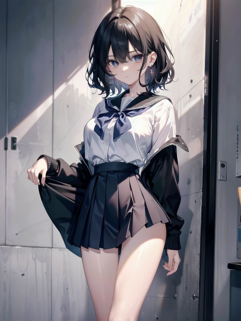 sailor school_uniform, arms behind head, cross-legged, absurdres, RAW photo, extremely delicate and beautiful, masterpiece, Best Quality, ultra high resolution, 32k, hyperrealistic, ultra-detailed, detailed description, pale skin, 20 years old, tearful mole, earring, Colossal tits, short medium hair, wavy hair,