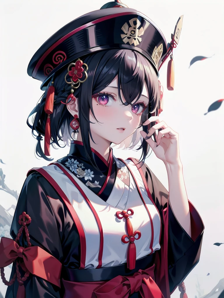 cemetery, dress, braid, chinese clothes, headwear, ofuda, jiangshi, qing guanmao, absurdres, RAW photo, extremely delicate and beautiful, masterpiece, Best Quality, ultra high resolution, 32k, hyperrealistic, ultra-detailed, detailed description, pale skin, 20 years old, tearful mole, earring, Colossal tits, short medium hair, wavy hair, whole body shot,