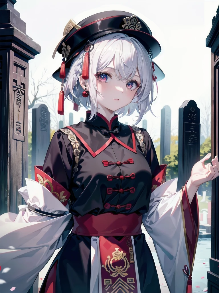 cemetery, dress, braid, chinese clothes, headwear, ofuda, jiangshi, qing guanmao, absurdres, RAW photo, extremely delicate and beautiful, masterpiece, Best Quality, ultra high resolution, 32k, hyperrealistic, ultra-detailed, detailed description, pale skin, 20 years old, tearful mole, earring, Colossal tits, short medium hair, wavy hair, whole body shot,