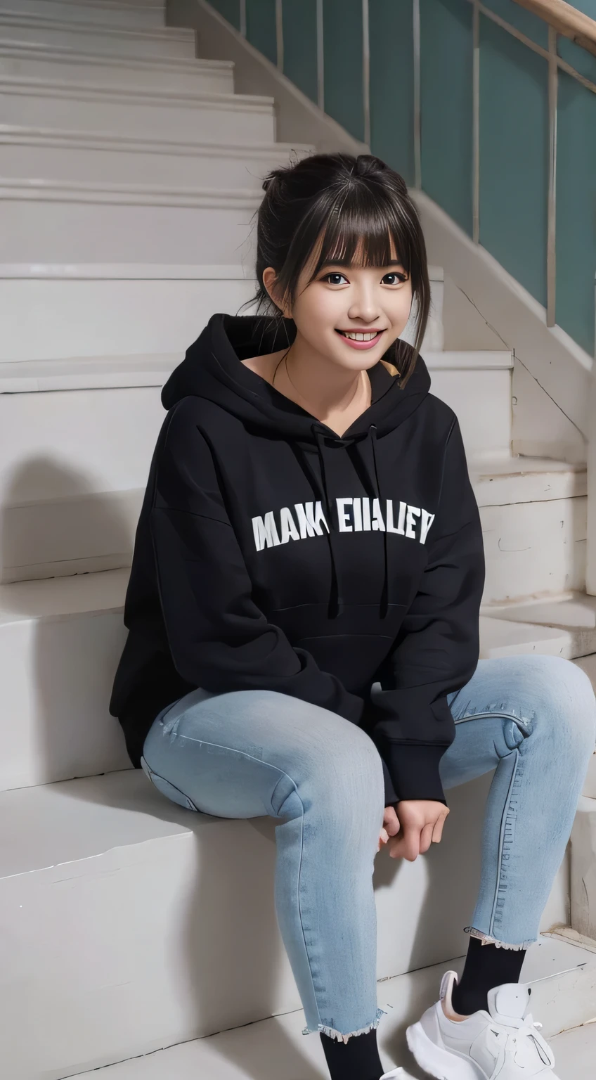 highest quality, Realistic, Very detailed, Finer details, High resolution, 8k wallpaper, One beautiful woman,Sit on the stairs、（Wear black socks）smile、（Beautiful teeth alignment、）（Gums are visible） Oversized hoodie, Skinny jeans,（ Black sneakers）、Black Hair、 Beautiful Bangs、ear piercing、Perfect dynamic composition, Beautiful and detailed, Full Body Shot, A big smile
