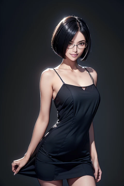 (masterpiece), (8k, best quality, high resolution), (ultra-detailed, realistic), (anatomically correct),
((from head to thighs)), (Standing), (No background),
(1woman), (looking at viewer),
(A Japanese woman, 30 years old and 155cm tall),
(black hair), (straight hair), (short hair style), ((bob cut)), (hair behind ears),
(wear glasses), ((black cell frame glasses)),
((Wear a navy blue spaghetti strap dress)), ((Mini length dress with a simple design and minimal decoration)),
(Create a detailed image of the eye),
(Her impression is pure, clean and kind.),
((A captivating smile, just showing a few teeth.)),