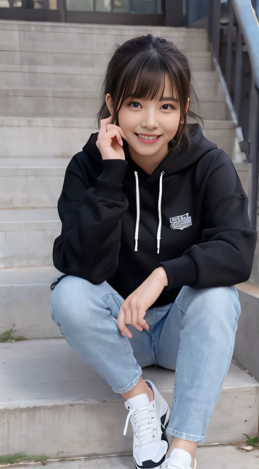 highest quality, Realistic, Very detailed, Finer details, High resolution, 8k wallpaper, One beautiful woman,Sit on the stairs、(Wear black socks)smile、(Beautiful teeth alignment、)(Gums are visible) Oversized hoodie, Skinny jeans,( Black sneakers)、Black Hair、 Beautiful Bangs、ear piercing、Perfect dynamic composition, Beautiful and detailed, Full Body Shot, A big smile