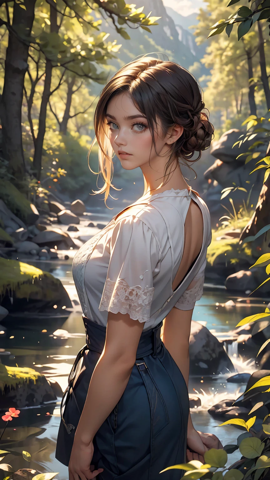 High resolution, masterpiece, high quality, High resolution, Focus on the face of one young woman, Portrait, Overlooking Large forest from Back, Mountain landscape, forest, nature, river
