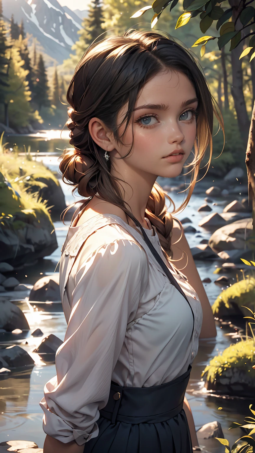 High resolution, masterpiece, high quality, High resolution, Focus on the face of one young woman, Portrait, Overlooking Large forest from Back, Mountain landscape, forest, nature, river