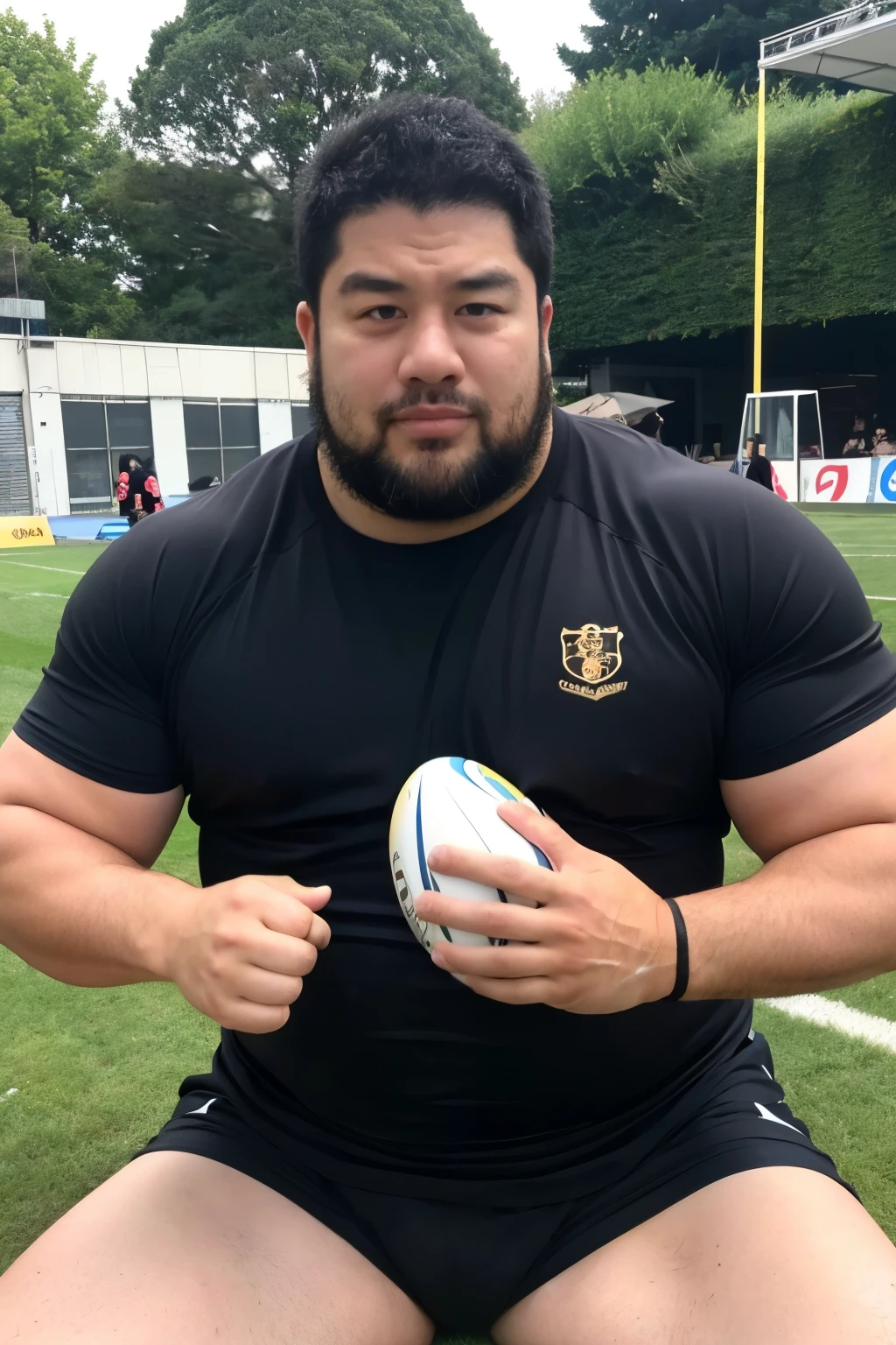 A large Japanese man wearing a tight black T-shirt、whole body、Rugby last week、Thick legs、Thick armuscle、Intimidating、
