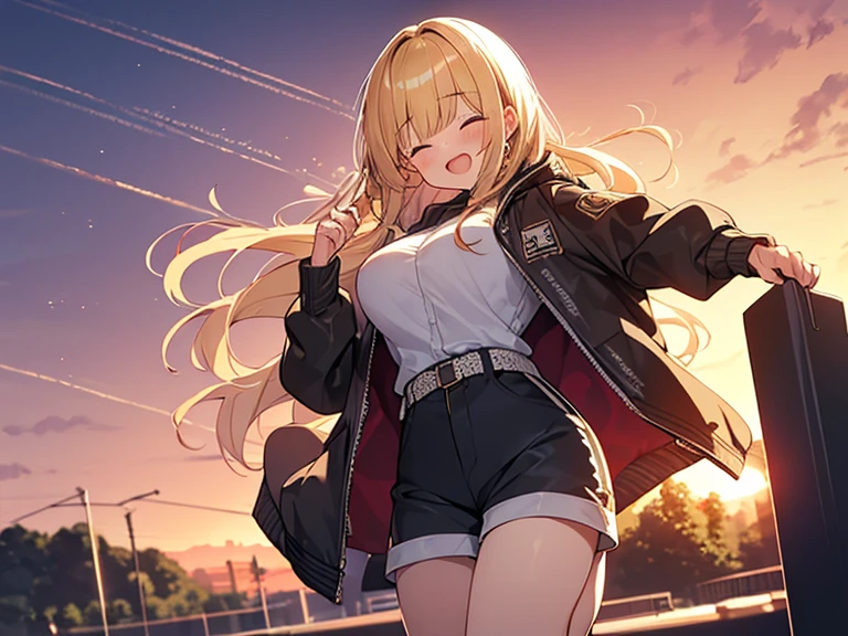 Masterpiece, Top quality, 1 beautiful girl, Blonde, medium Hair, wavy Hair, blunt bangs, silky hair, 16 year old, standard weight, (big breasts :1.1), (cool jacket, Shorts :1.3), (happy :1.4), blush, closed eyes, open mouth, beautiful scene of theme park, blurry background, magnificent panorama view, sunset, (jumping:1.4), from below