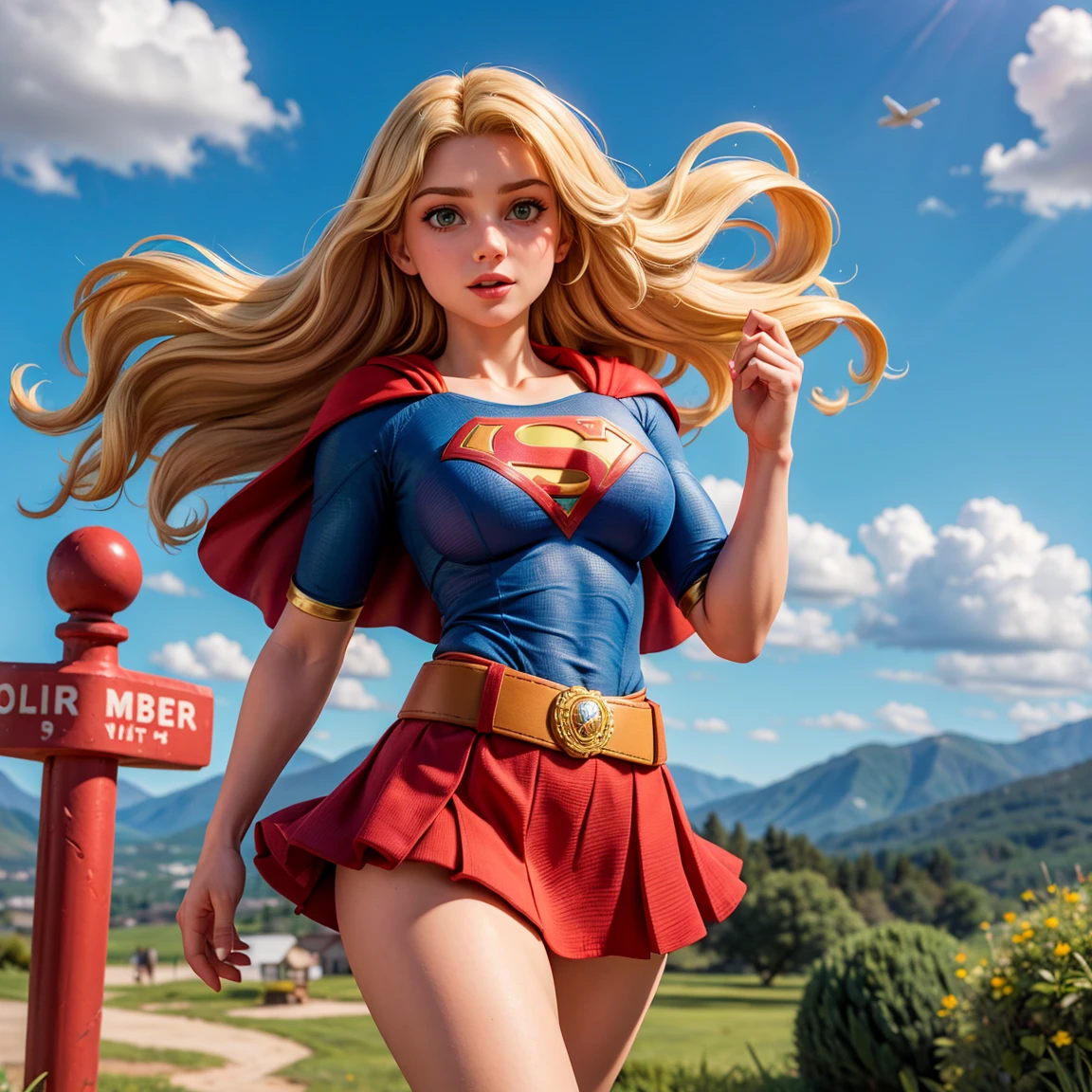 8k, Ultra HD, super details, high quality, high resolution. The heroine Supergirl looks beautiful in a full-length photo, her body is sculptural, her long wavy blonde hair is radiant in a perfect combination with her white skin, her bright blonde eyes mesmerize everyone. She is wearing her heroine outfit, a red skirt with a yellow belt, a very tight blue t-shirt with a big red S on the chest, Elta also wears a red cape and red boots. she looks very sexy drawing attention to her big breasts and thick legs as she flies through the sky.